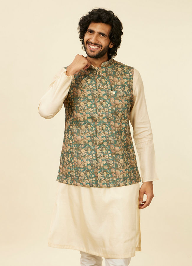 alt message - Manyavar Men Teal Green Floral Printed Nehru Jacket image number 0